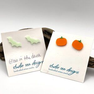 Pumpkin and Bat Sterling Silver Earrings-Halloween Earrings-New!